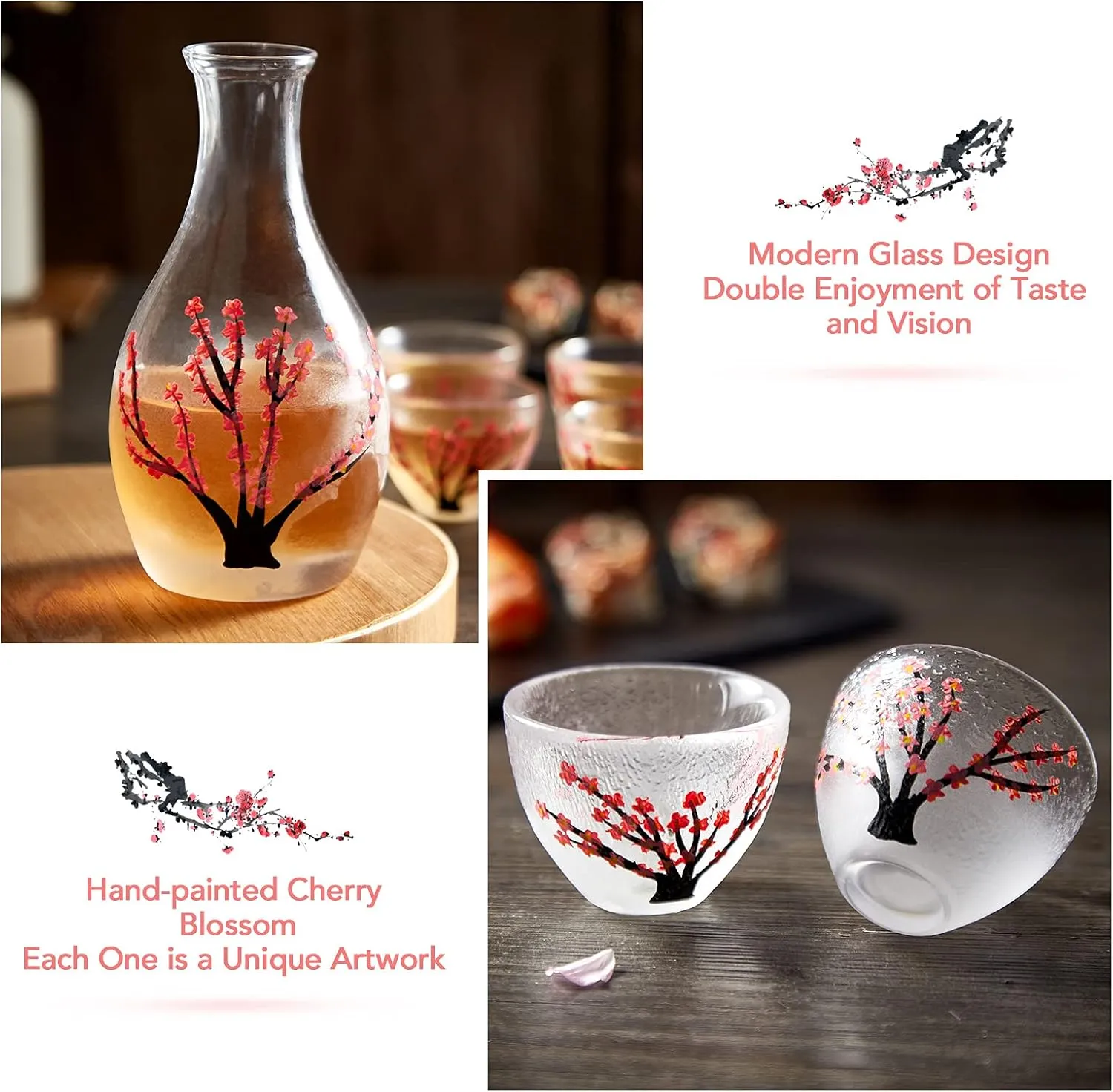 DUJUST Japanese Sake Set for 4, Handcraft Pink Cherry Blossoms Design, 1 Sake Bottle, 1 Sake Tank and 4 Sake Cups, Cold/Warm/Hot Sake Carafe, Special Japanese Gifts Set - 6 pcs