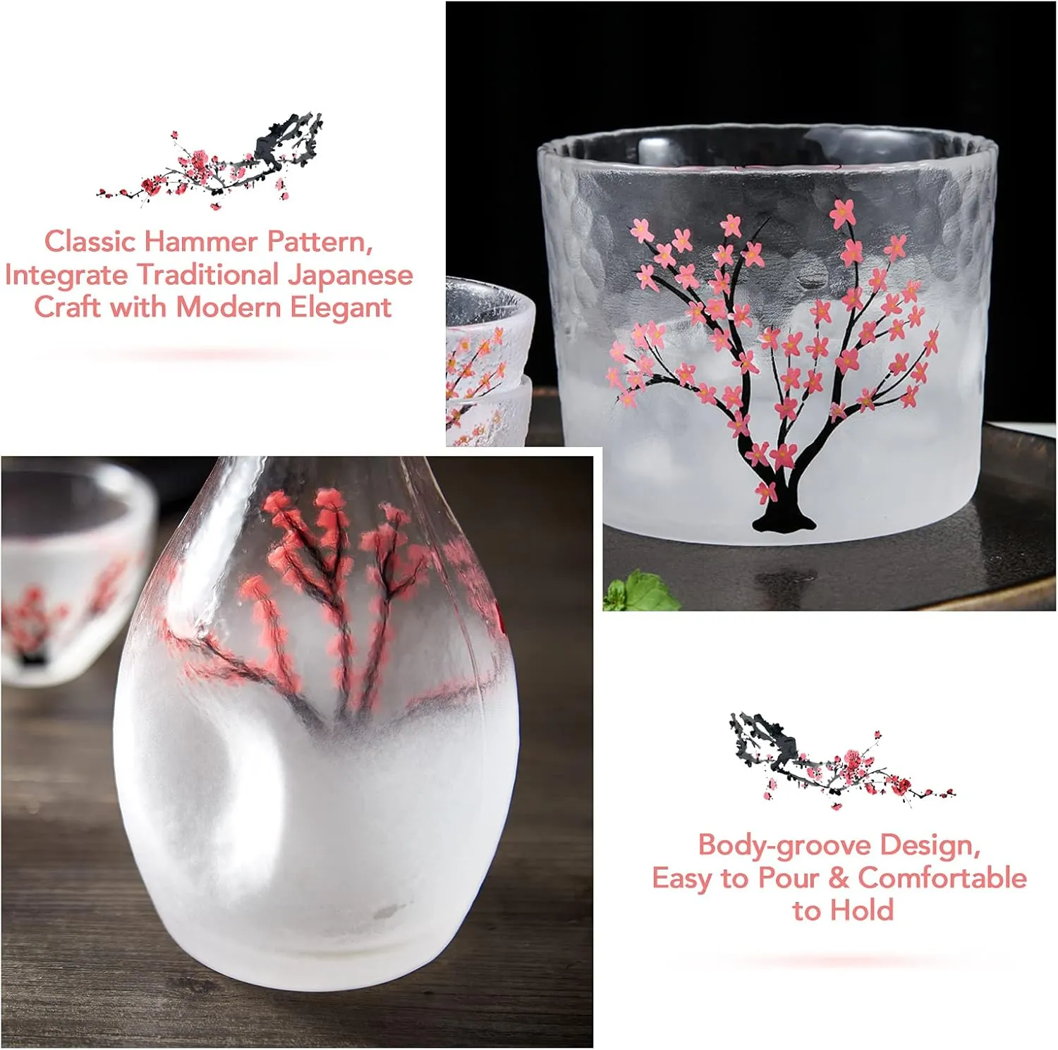 DUJUST Japanese Sake Set for 4, Handcraft Pink Cherry Blossoms Design, 1 Sake Bottle, 1 Sake Tank and 4 Sake Cups, Cold/Warm/Hot Sake Carafe, Special Japanese Gifts Set - 6 pcs