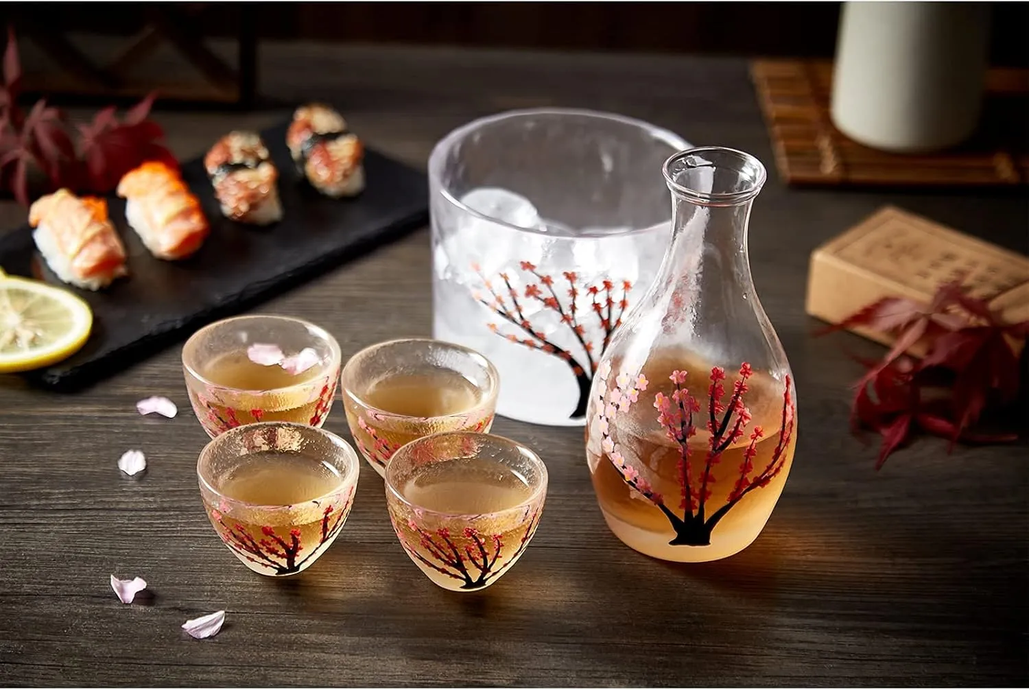 DUJUST Japanese Sake Set for 4, Handcraft Pink Cherry Blossoms Design, 1 Sake Bottle, 1 Sake Tank and 4 Sake Cups, Cold/Warm/Hot Sake Carafe, Special Japanese Gifts Set - 6 pcs
