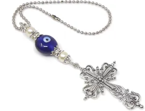 Evil Eye Protection Cross - Holy Cross Car Mirror Hanger & Handbag Charm - Spiritual Car Decor for Divine Protection & Good Luck Gift