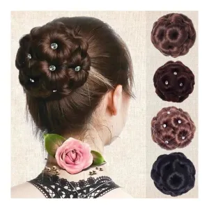 Fake hair Wig Nine Flowers Curler Women's Ball Head Wig Ring Bridal Cheongsam Style Headwear Hair Bag Clamp Flower Bud Hair buns hair piece(Light brown)