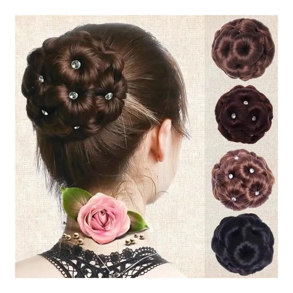 Fake hair Wig Nine Flowers Curler Women's Ball Head Wig Ring Bridal Cheongsam Style Headwear Hair Bag Clamp Flower Bud Hair buns hair piece(Light brown)