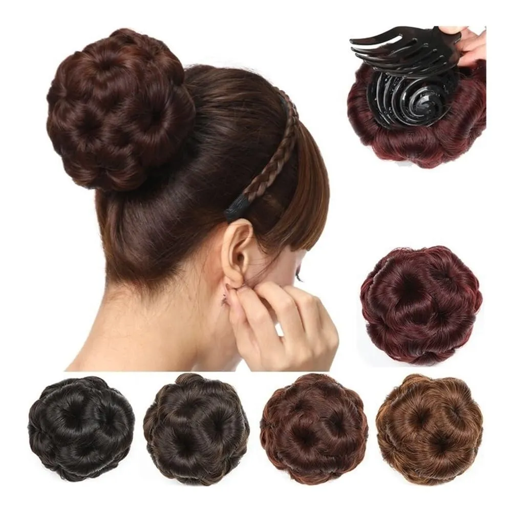 Fake hair Wig Nine Flowers Curler Women's Ball Head Wig Ring Bridal Cheongsam Style Headwear Hair Bag Clamp Flower Bud Hair buns hair piece(Light brown)