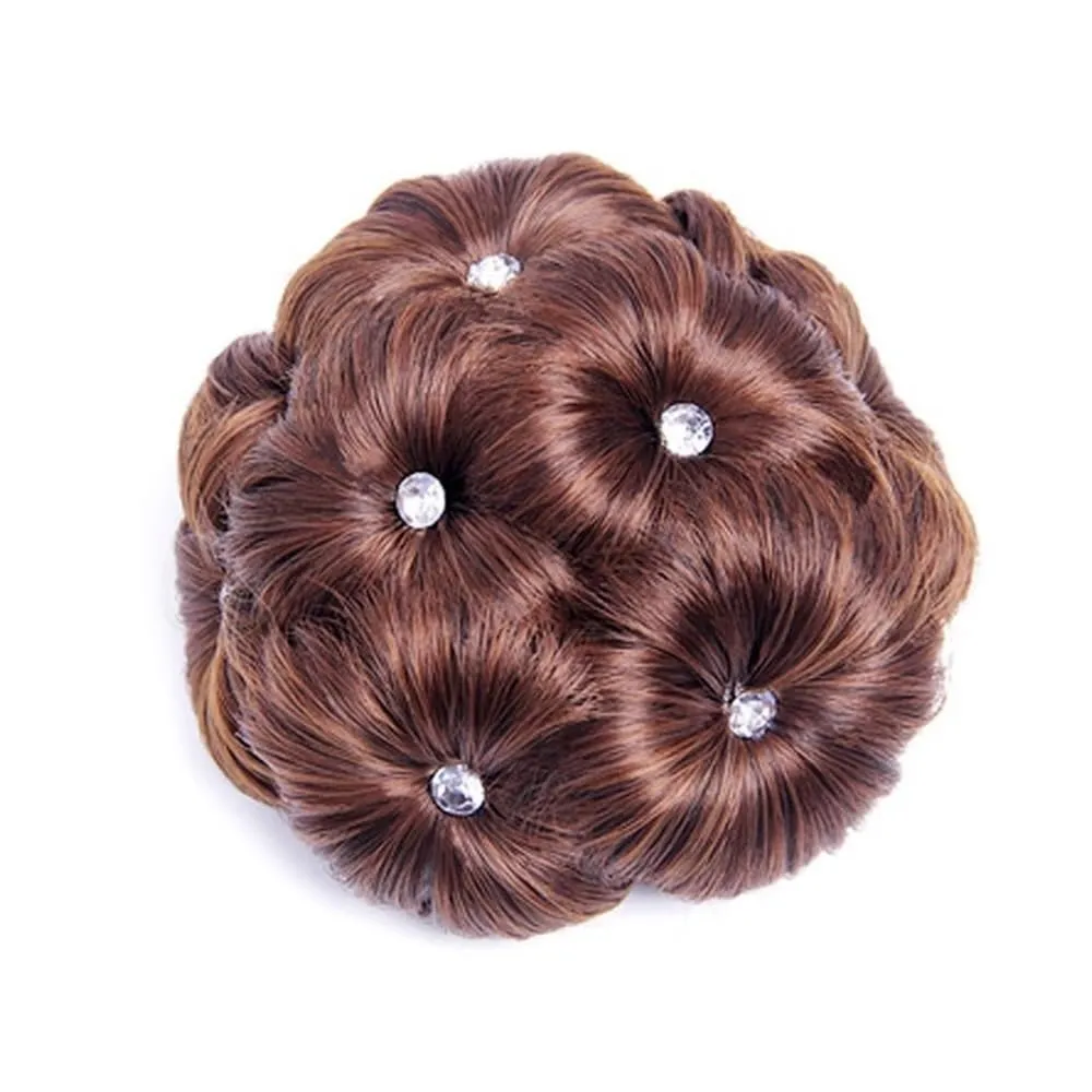 Fake hair Wig Nine Flowers Curler Women's Ball Head Wig Ring Bridal Cheongsam Style Headwear Hair Bag Clamp Flower Bud Hair buns hair piece(Light brown)