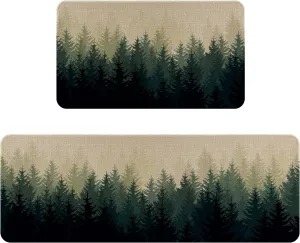 Farmhouse Kitchen Rugs and Mats Sets of 2,Misty Forest Nature Plant Tree Kitchen Mat for Floor, Green White Non-Slip Washable Kitchen Sink Mats Kitchen Decor Doormat Runner Rug