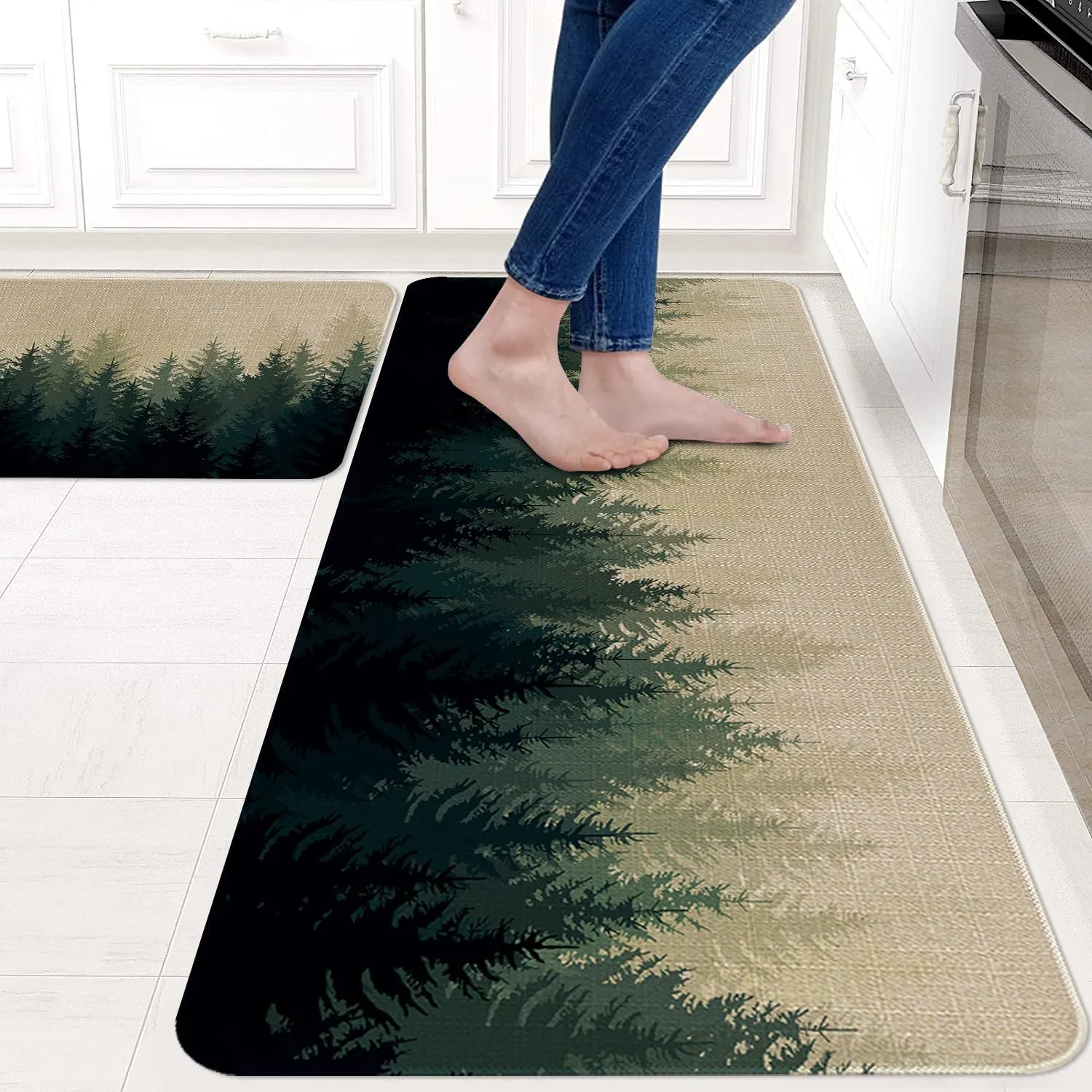 Farmhouse Kitchen Rugs and Mats Sets of 2,Misty Forest Nature Plant Tree Kitchen Mat for Floor, Green White Non-Slip Washable Kitchen Sink Mats Kitchen Decor Doormat Runner Rug