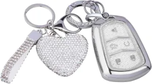 for Cadillac key fob cover with Diamond Bling Keychain, Car Accessories Key Shell Full Protection for Cadillac Escalade SRX CTS CT6 XTS XT5 XT6 XT4 ATS Smart Keys Case,Silver Clear
