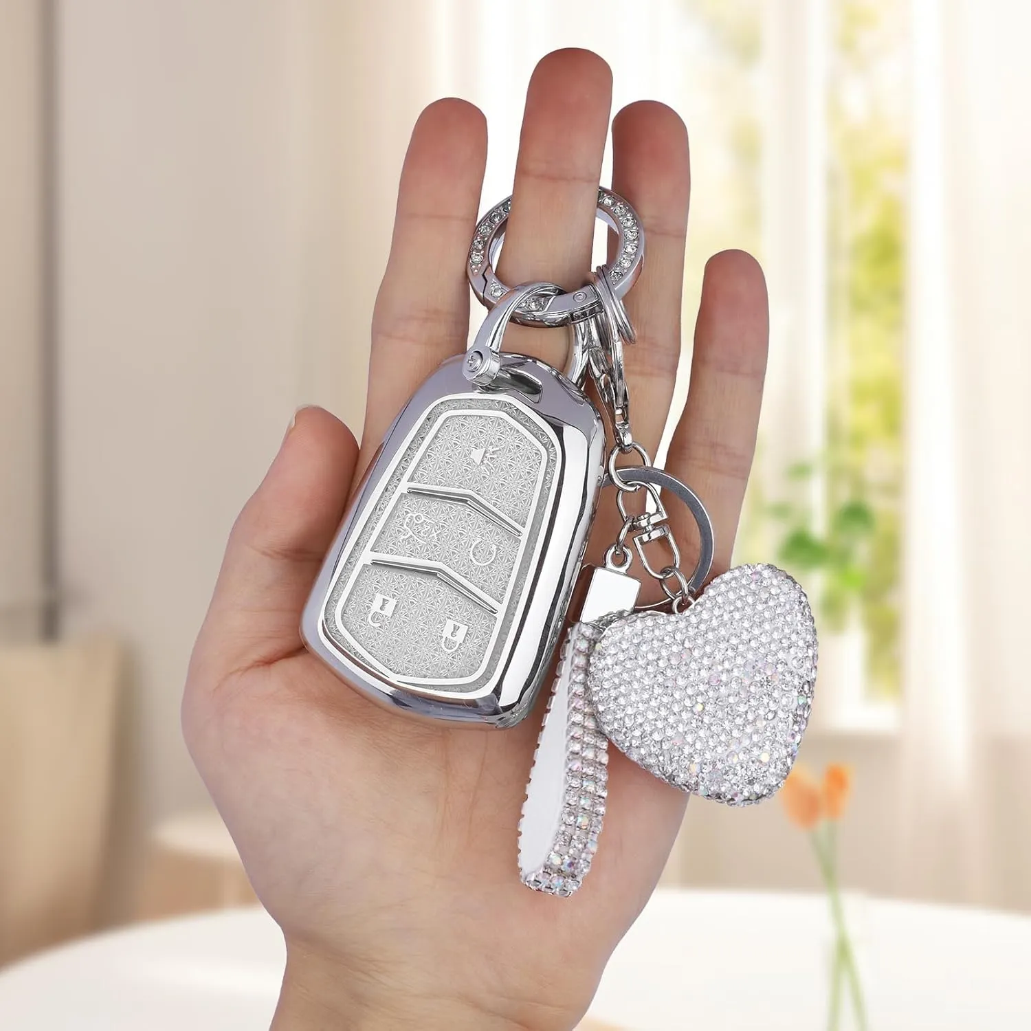 for Cadillac key fob cover with Diamond Heart Keychain, Car Accessories TPU for SRX CTS CT6 XTS XT5 XT6 XT4 ATS Smart Key, Silver Clear