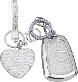 for Cadillac key fob cover with Diamond Heart Keychain, Car Accessories TPU for SRX CTS CT6 XTS XT5 XT6 XT4 ATS Smart Key, Silver Clear