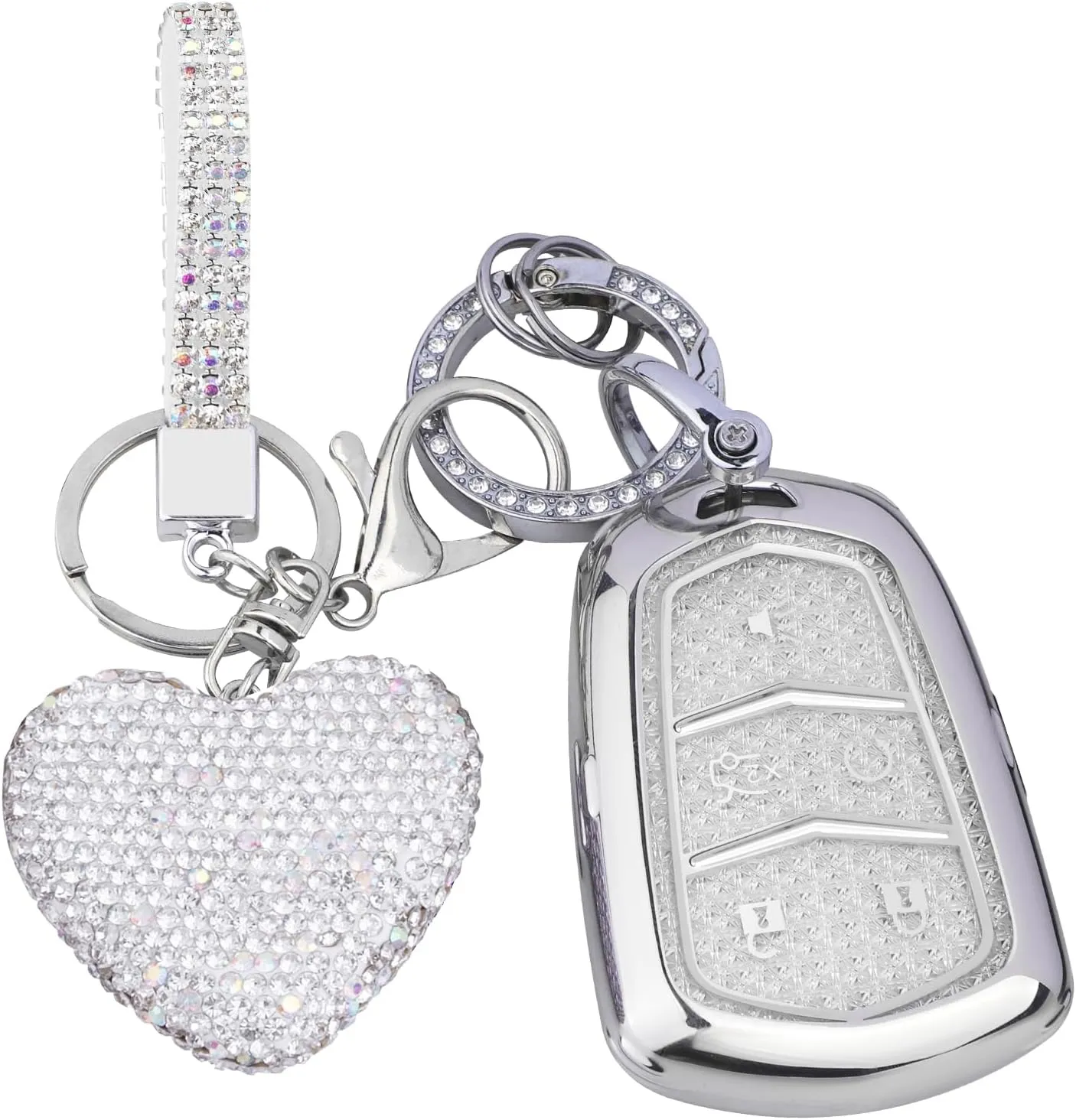 for Cadillac key fob cover with Diamond Heart Keychain, Car Accessories TPU for SRX CTS CT6 XTS XT5 XT6 XT4 ATS Smart Key, Silver Clear