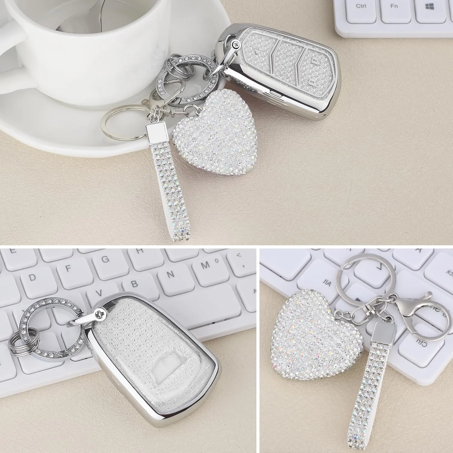 for Cadillac key fob cover with Diamond Heart Keychain, Car Accessories TPU for SRX CTS CT6 XTS XT5 XT6 XT4 ATS Smart Key, Silver Clear