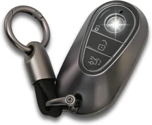 for Mercedes Benz Key fob Cover with Metal Keychain Case Key Shell Protector Compatible with 2020-2024 S-Class G-Class E-Class EQE EQS Accessories Grey