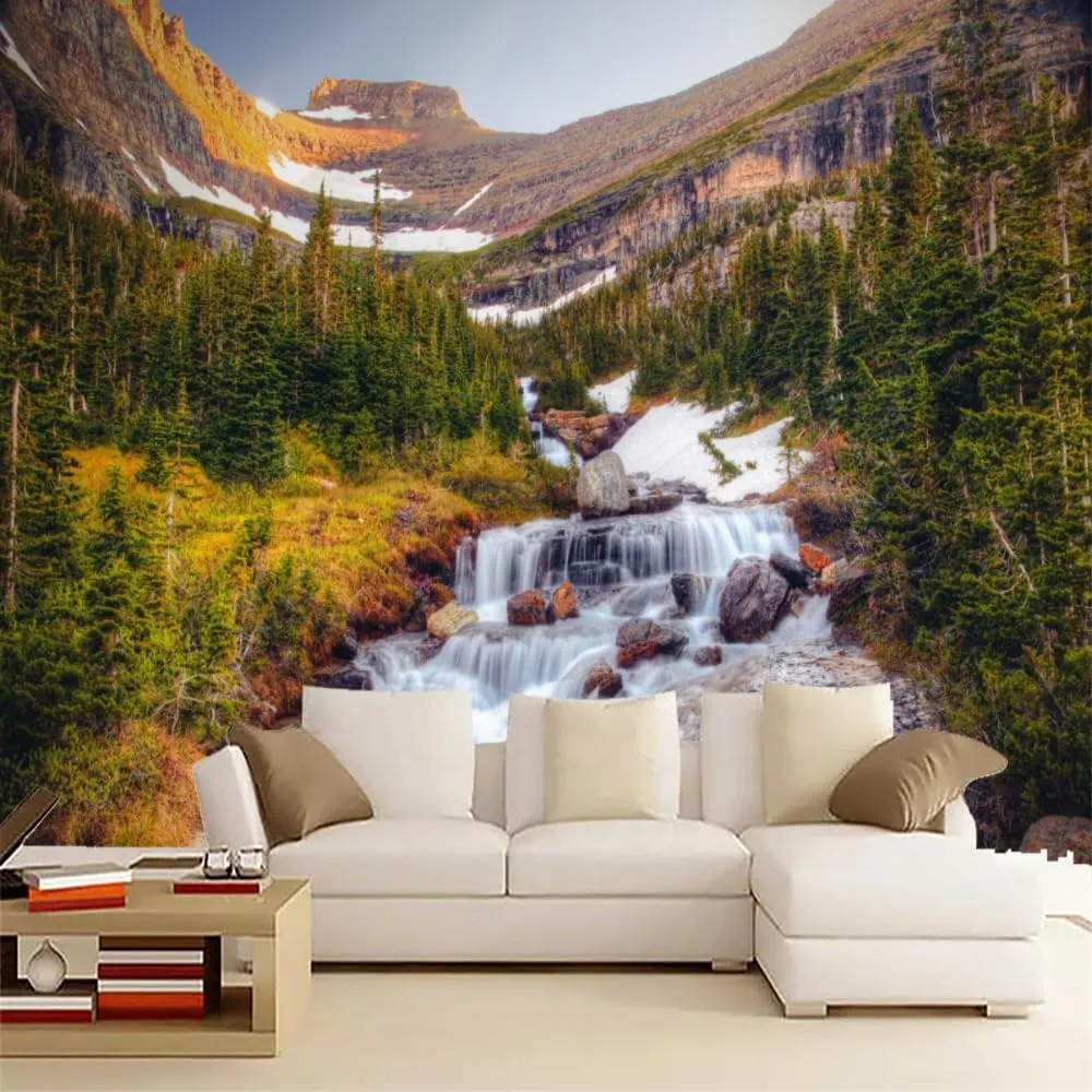 Forest Stream 3D Removable Wallpaper Self-Adhesive, Alpine Rocks Wall Murals Peel and Stick Wall Stickers, for TV Sofa Background Living Room Bedroom Home Decor,116"W x91"H