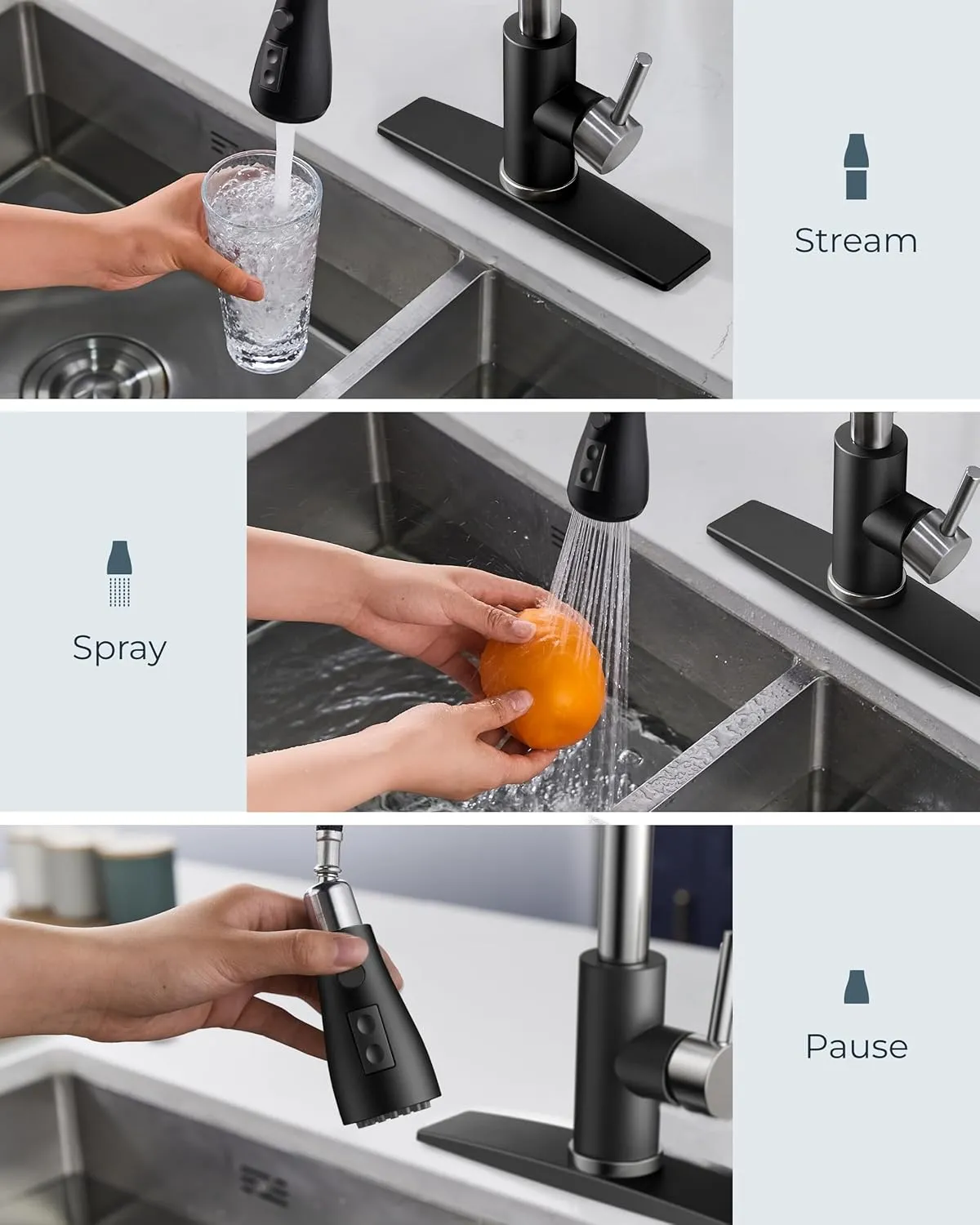 FORIOUS Kitchen Faucets with Soap Dispenser and Pull Down Sprayer, High Arc Single Handle Classic 3 Modes Stainless Steel Faucet for Kitchen Sink Farmhouse RV Bar Laundry Camper, Black Brushed