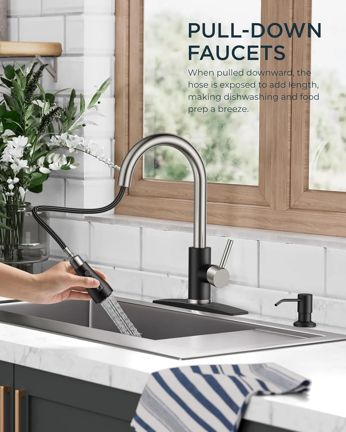 FORIOUS Kitchen Faucets with Soap Dispenser and Pull Down Sprayer, High Arc Single Handle Classic 3 Modes Stainless Steel Faucet for Kitchen Sink Farmhouse RV Bar Laundry Camper, Black Brushed
