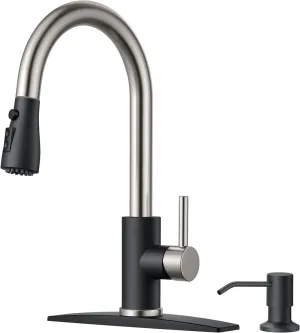 FORIOUS Kitchen Faucets with Soap Dispenser and Pull Down Sprayer, High Arc Single Handle Classic 3 Modes Stainless Steel Faucet for Kitchen Sink Farmhouse RV Bar Laundry Camper, Black Brushed