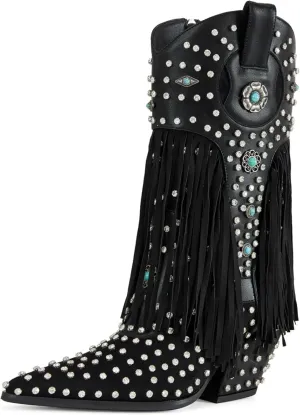 Fringe Cowboy Boots for Women, Sparkly Rhinestones Cowgirl Western Boots Pointed Toe Zipper Block Heel Mid Calf Dress Casual Party Festival Wedding Vacation Shopping Fashion Boots