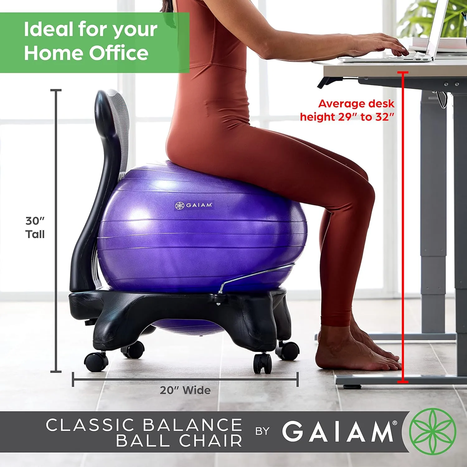 Gaiam Classic Balance Ball Chair – Ergonomic Stability Chair for Desk & Office | Yoga Ball Seat with Base, Air Pump, & Exercise Guide | Improves Posture & Core Strength (300 lb Capacity)