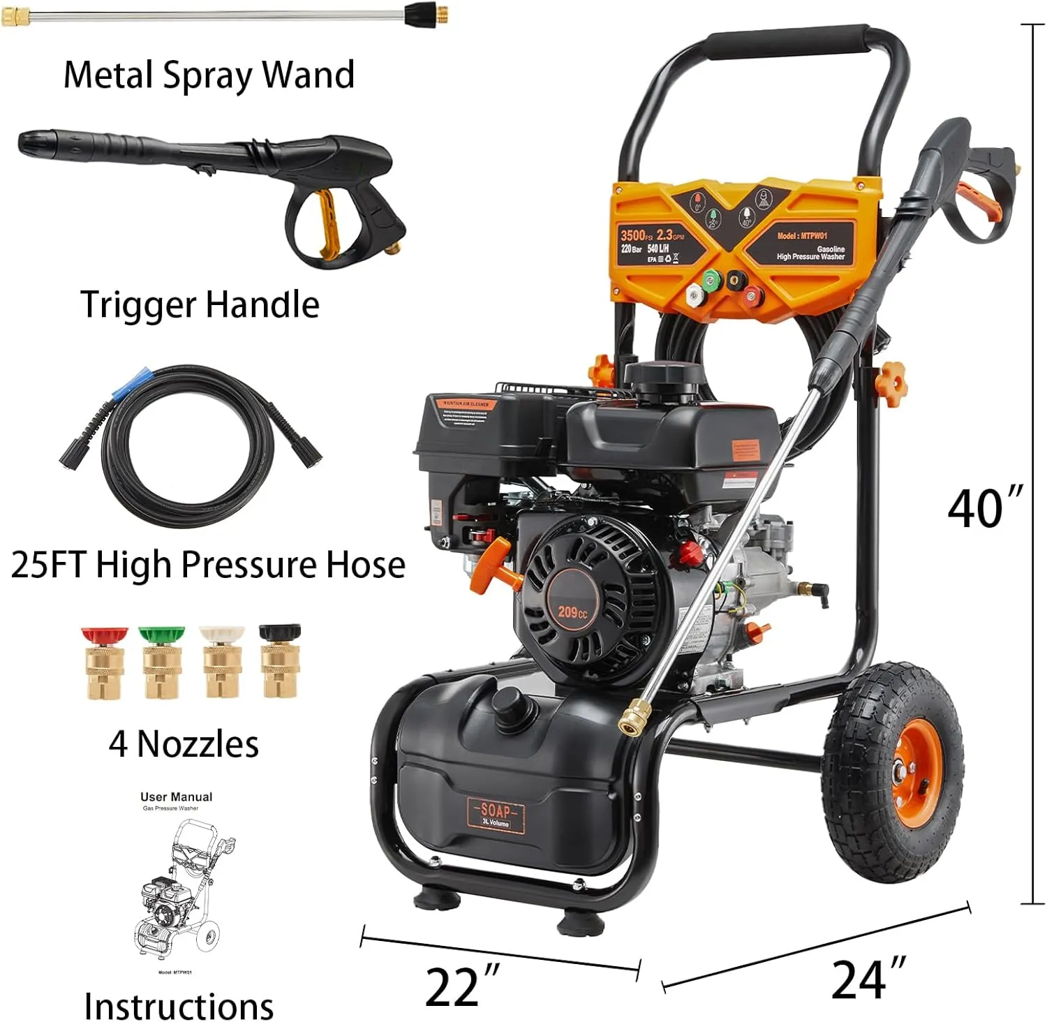 Gas Pressure Washer 3500 PSI 2.3 GPM, 209CC High Pressure Washers with Soap Tank, 4 Quick-Connect Nozzles, Axial Pump, 25FT Hose, Cordless Gas Powered Washer Machine for Cars Driveways Walls (Orange)