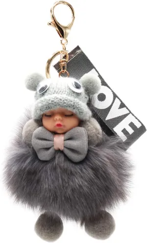 Genuine Fox Fur Baby Keychain with Bowtie - Adorable Pom-Pom Bag Purse Charm - Gold Ring Fluffy Fur Ball - Fashion Gift (grey)