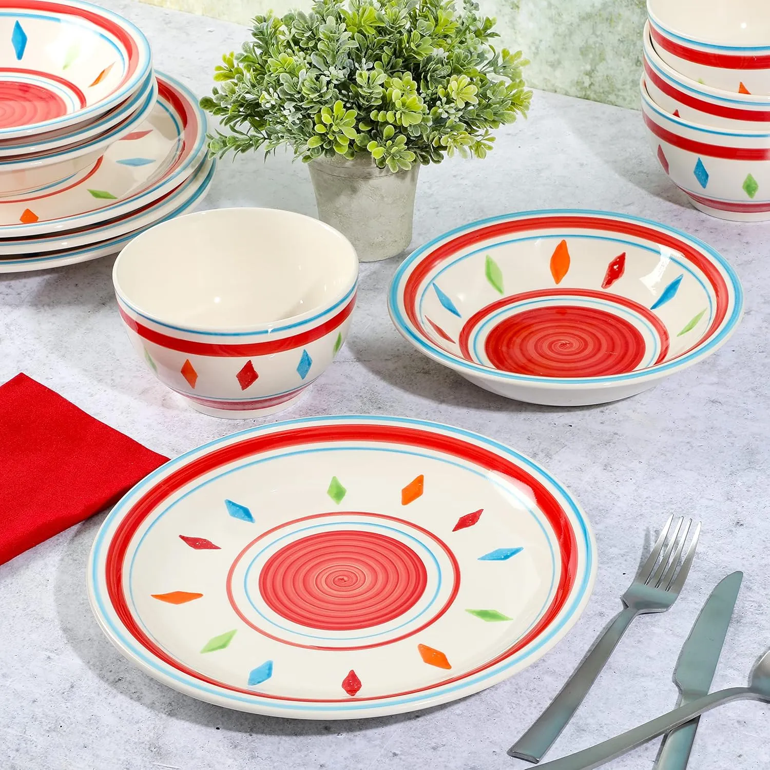 Gibson Home Heidy Hand Painted Dinnerware Set - Red, Service for 4 (12pcs)