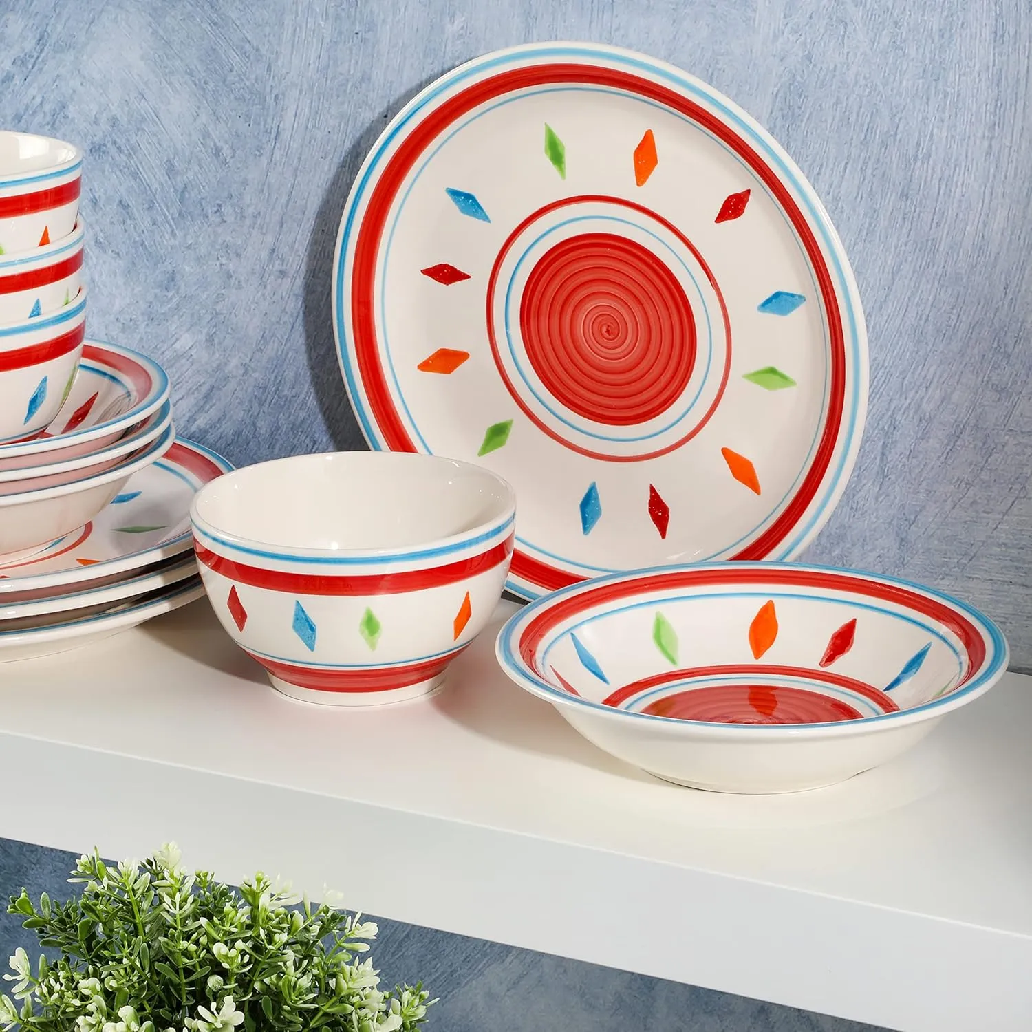 Gibson Home Heidy Hand Painted Dinnerware Set - Red, Service for 4 (12pcs)