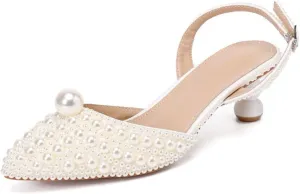 Goolita Full Pearl Kitten Heels for Women, Pointed Closed Toe Slingback Pumps Buckle Strap Rhinestone Bridal Shoes for Wedding