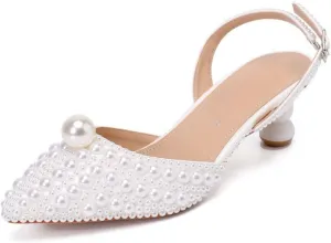 Goolita Full Pearl Kitten Heels for Women, Pointed Closed Toe Slingback Pumps Buckle Strap Rhinestone Bridal Shoes for Wedding