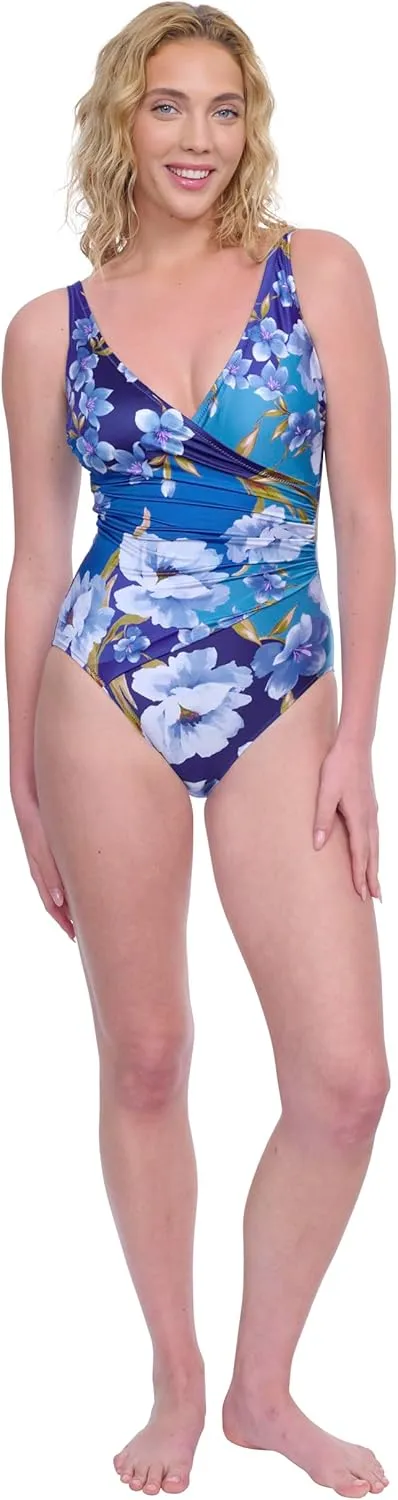 Gottex Jaguar Shinny Finish Print Women’s Surplice One Piece Bathing Suit with Soft Cups and Tummy Control Swim Essential