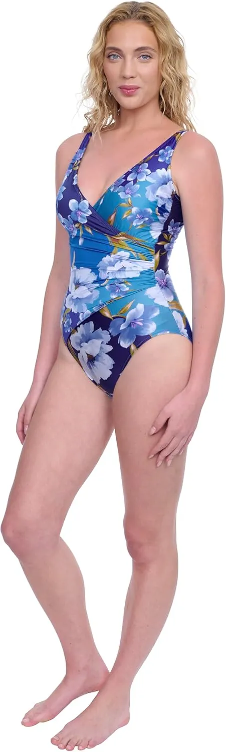 Gottex Jaguar Shinny Finish Print Women’s Surplice One Piece Bathing Suit with Soft Cups and Tummy Control Swim Essential