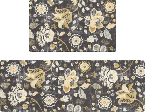 Gray Paisley Floral Kitchen Mats for Floor Cushioned Anti Fatigue Kitchen Rugs Sets of 2, Non Slip Waterproof Black Kitchen Floor Mat, Comfort Memory Foam Standing Mat for Office Laundry Desk