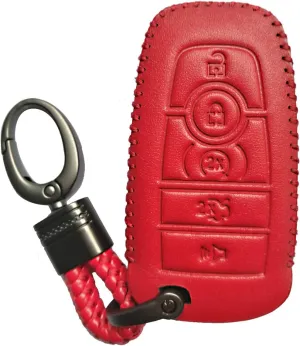 Hand Sewing Red Leather Key Cover Fob Case Protector Jacket Remote Bag for 2022 2023 2024 Ford Fusion F250 F350 F450 F550 Edge 2018 2019 2020 Explorer Expedition 2021 Lincoln Nautilus 5 Buttons