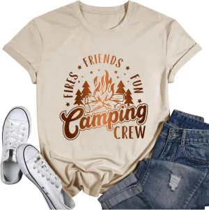 Happy Camp T-Shirt Women Hiking Mountain Adventure Novelty Workout Funny Saying Cute Graphic Athletic Shirt