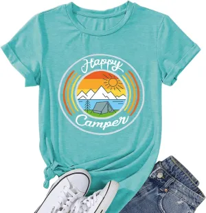 Happy Camp T-Shirt Women Hiking Mountain Adventure Novelty Workout Funny Saying Cute Graphic Athletic Shirt