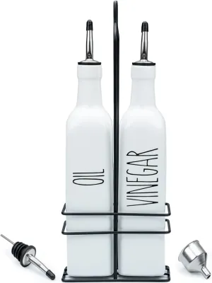 Heartland Home Ceramic Olive Oil and Vinegar Dispenser Set. 2 Bottles, Caddy, 3 Oil Pourer Spouts and Funnel! 21oz Glass Bottle Container. Salad Dressing or Cooking Oil Cruet for Kitchen (White)