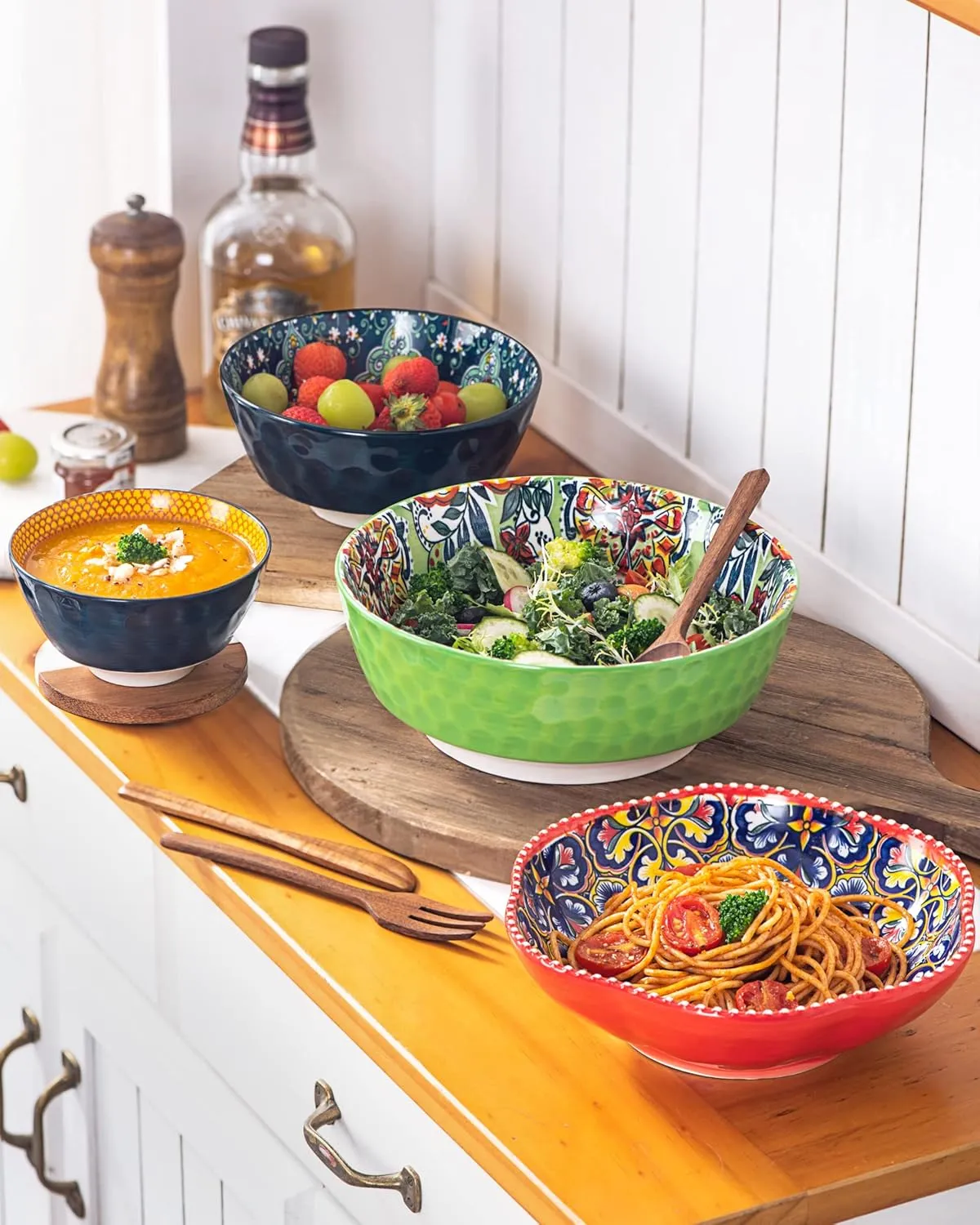 HENXFEN LEAD Large Salad Bowl Sets for Serving Pho, Ramen, Soup, Fruit, Snacks - 48 Oz Big Ceramic Bowls for Family, Kitchen Cooking, Dinner Party - Set of 2