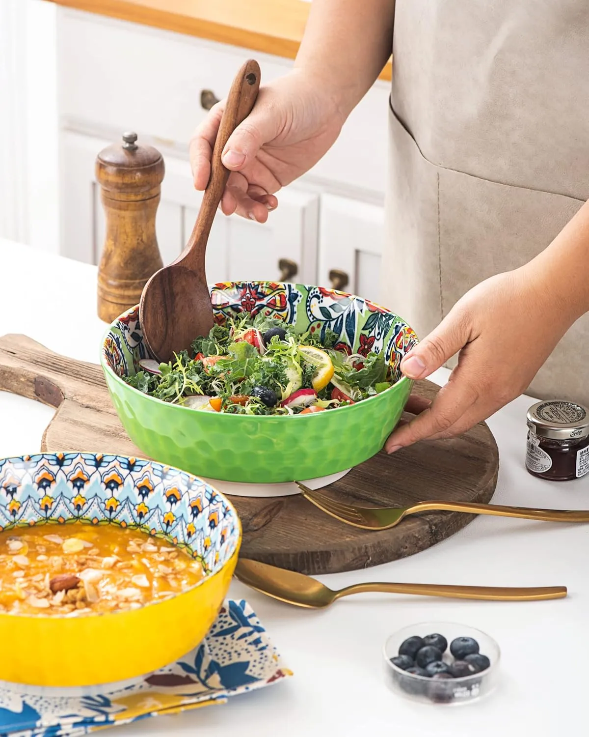 HENXFEN LEAD Large Salad Bowl Sets for Serving Pho, Ramen, Soup, Fruit, Snacks - 48 Oz Big Ceramic Bowls for Family, Kitchen Cooking, Dinner Party - Set of 2