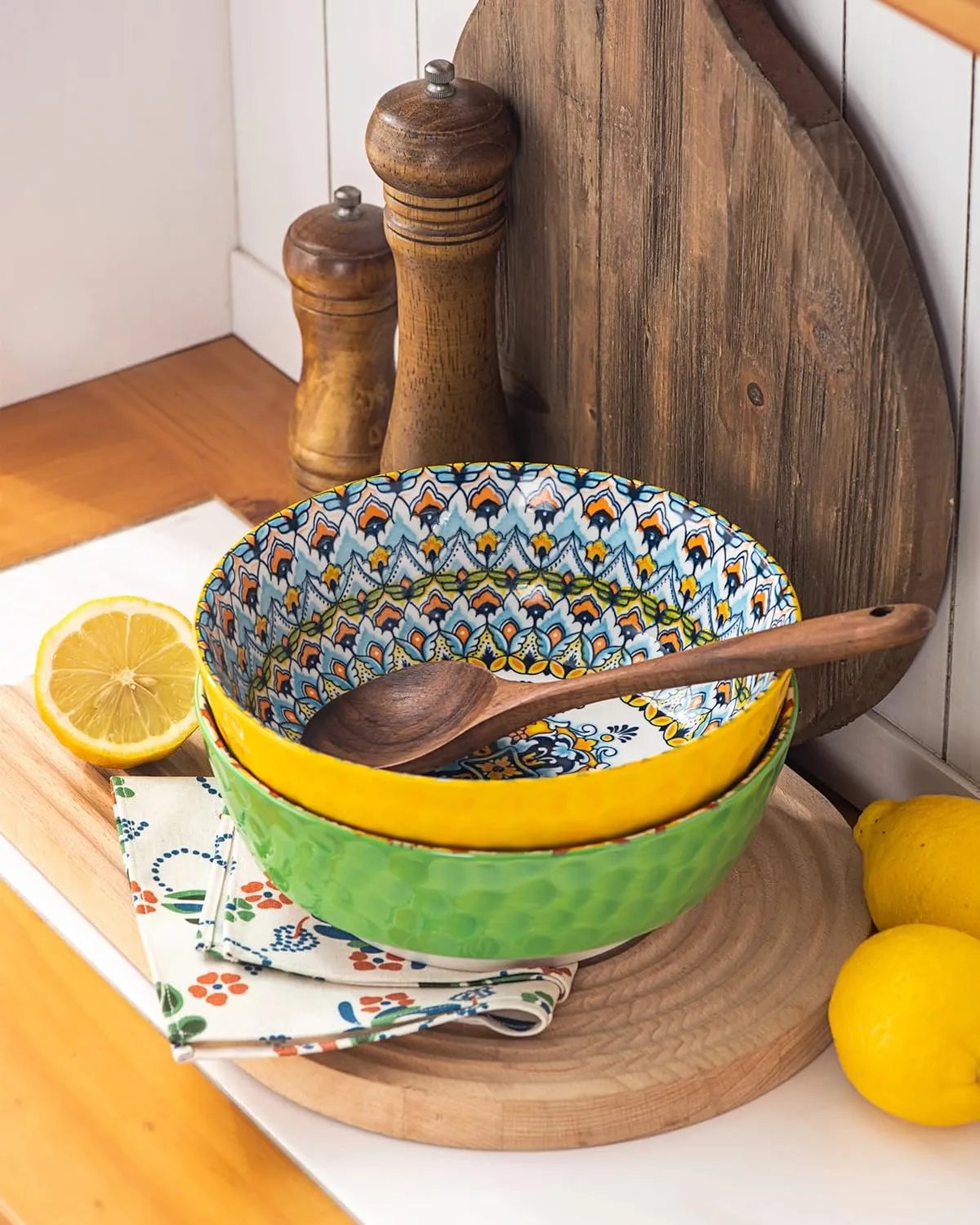 HENXFEN LEAD Large Salad Bowl Sets for Serving Pho, Ramen, Soup, Fruit, Snacks - 48 Oz Big Ceramic Bowls for Family, Kitchen Cooking, Dinner Party - Set of 2