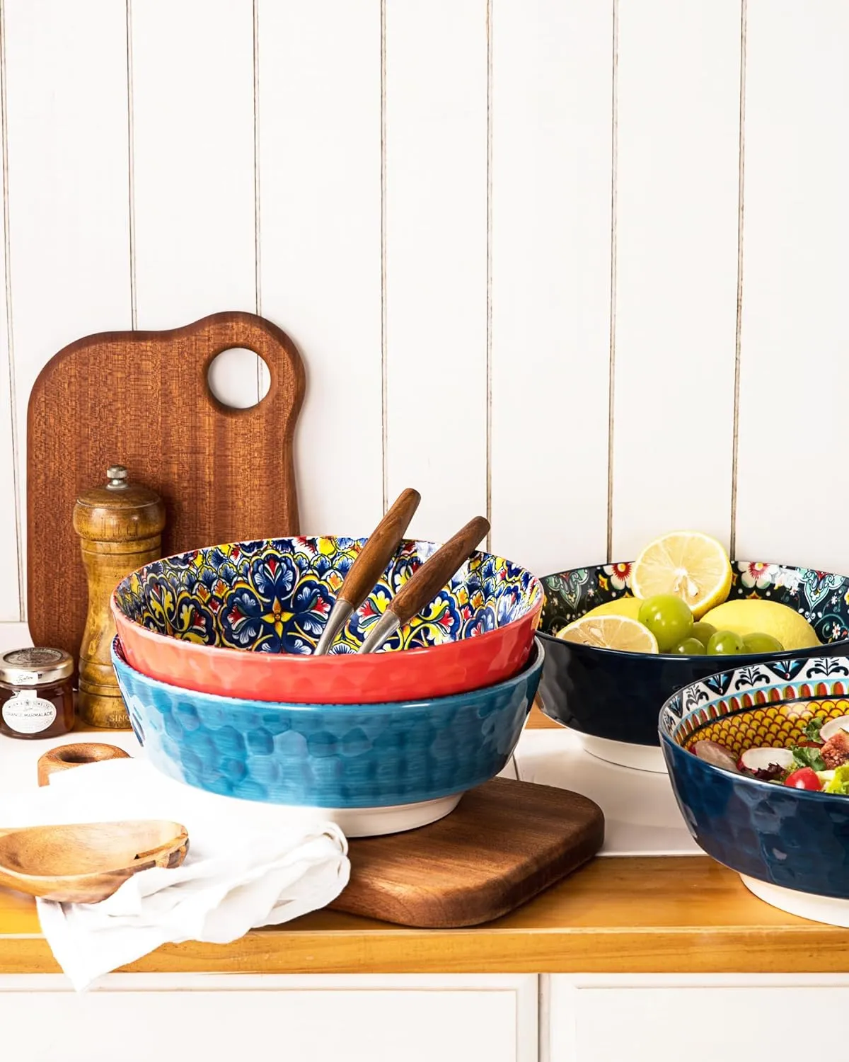 HENXFEN LEAD Large Salad Bowl Sets for Serving Pho, Ramen, Soup, Fruit, Snacks - 48 Oz Big Ceramic Bowls for Family, Kitchen Cooking, Dinner Party - Set of 2