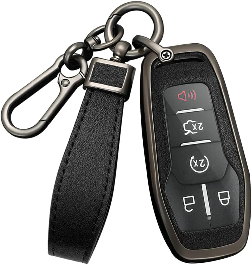 HIBEYO 4/5 Button Key Case Cover for Ford Edge Mondeo Everest Escort Mustang F-150 Galaxy Kuga S-Max Explorer Ranger Accessories with Keychains Alloy PU Leather Material Key Fob-Black Black