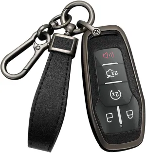 HIBEYO 4/5 Button Key Case Cover for Ford Edge Mondeo Everest Escort Mustang F-150 Galaxy Kuga S-Max Explorer Ranger Accessories with Keychains Alloy PU Leather Material Key Fob-Black Black