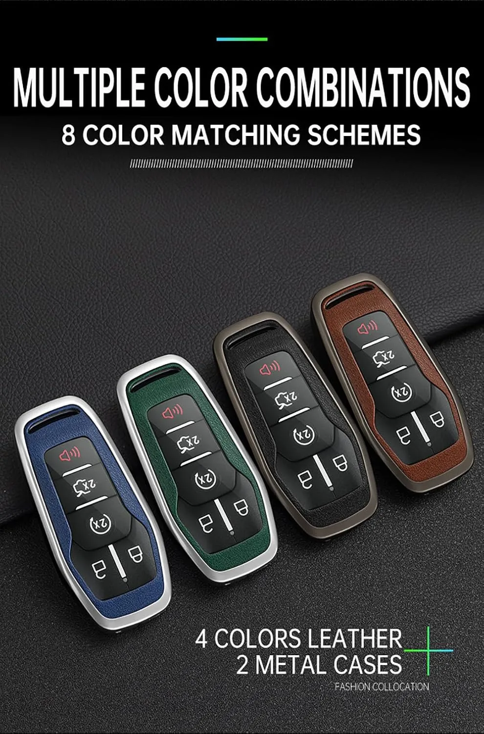 HIBEYO 4/5 Button Key Case Cover for Ford Edge Mondeo Everest Escort Mustang F-150 Galaxy Kuga S-Max Explorer Ranger Accessories with Keychains Alloy PU Leather Material Key Fob-Black Black