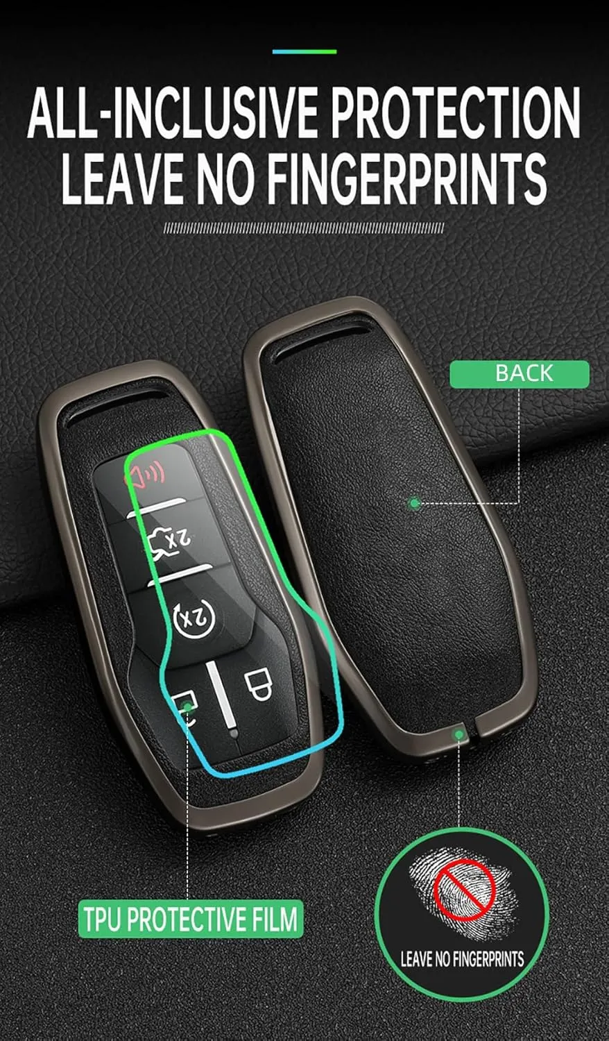 HIBEYO 4/5 Button Key Case Cover for Ford Edge Mondeo Everest Escort Mustang F-150 Galaxy Kuga S-Max Explorer Ranger Accessories with Keychains Alloy PU Leather Material Key Fob-Black Black