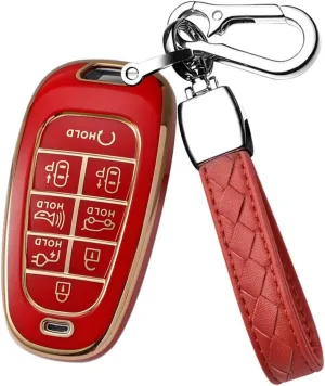 HIBEYO for Hyundai Key Fob Cover Smart 8 Button Key Case for 2022 Hyundai Sonata Sel IONIQ 5 Nexo Tucson Sonata 2020 Grandeur 2020 Sonat Accessories with Keychain-Red