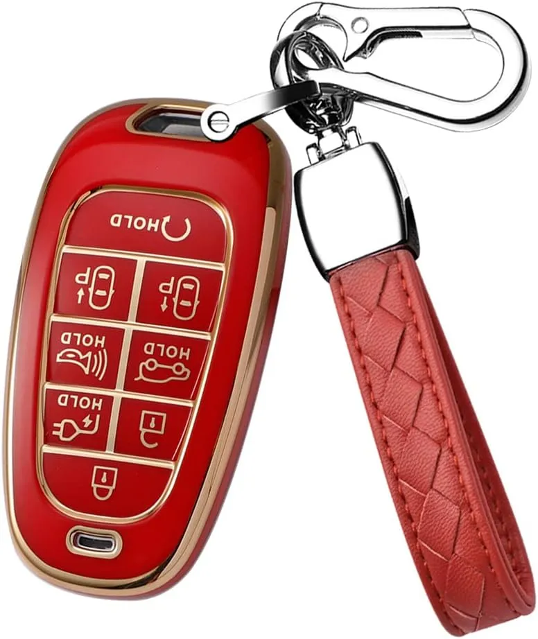 HIBEYO for Hyundai Key Fob Cover Smart 8 Button Key Case for 2022 Hyundai Sonata Sel IONIQ 5 Nexo Tucson Sonata 2020 Grandeur 2020 Sonat Accessories with Keychain-Red