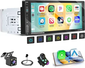 Hikity 6.9 Inch Wireless Carplay Car Stereo Single Din Touchscreen Car Radio with Bluetooth 5.0, Wireless Android Auto, Mirror Link, Backup Camera, FM/EQ, Car Audio Receivcer with USB/Type-C, SWC, Mic