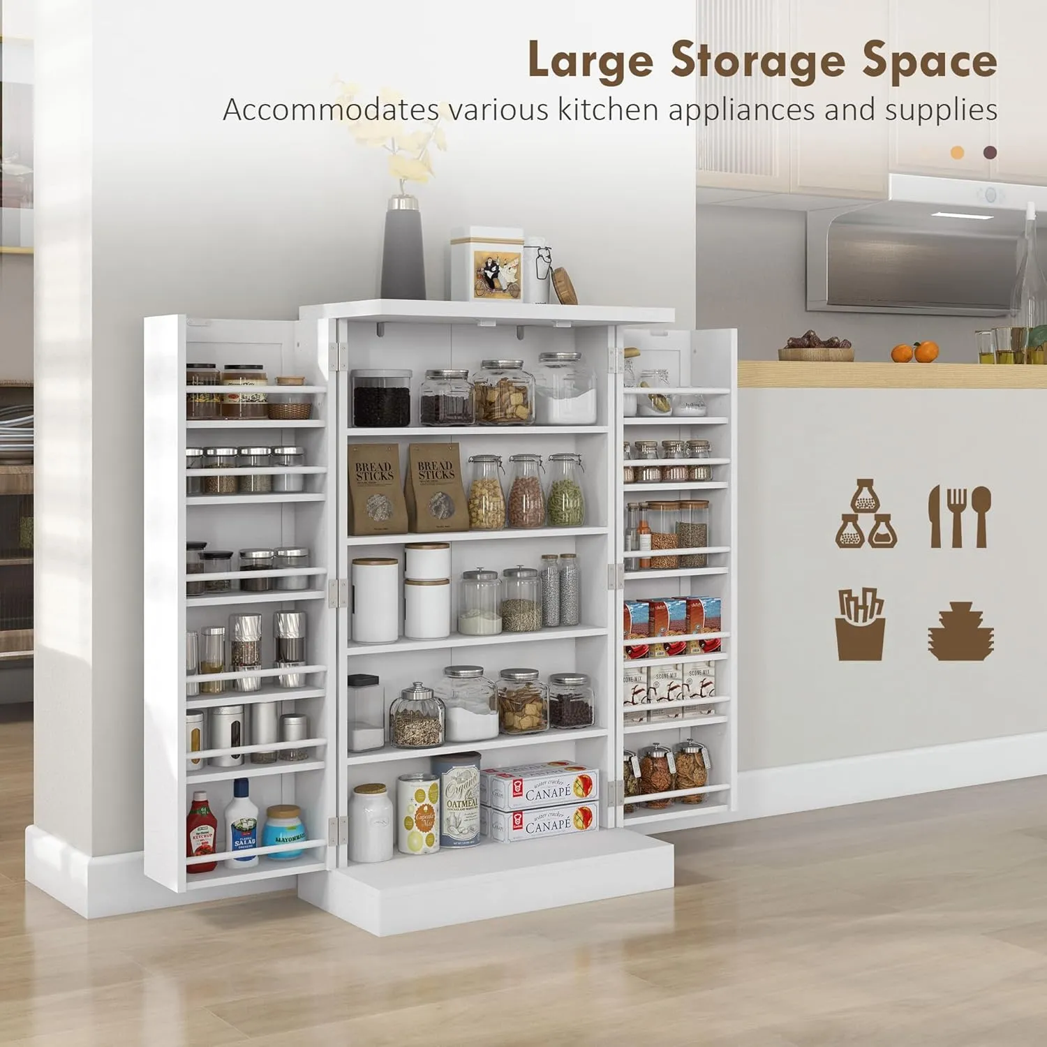 HOMCOM 41" Kitchen Pantry Storage Cabinet, Freestanding Kitchen Cabinet with 12 Door Shelves, Double Doors, 5-Tier Shelving and Adjustable Shelves, Painted White