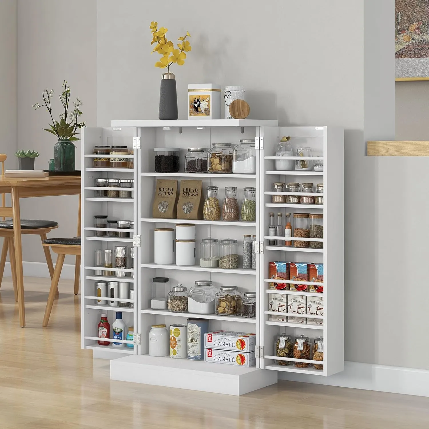 HOMCOM 41" Kitchen Pantry Storage Cabinet, Freestanding Kitchen Cabinet with 12 Door Shelves, Double Doors, 5-Tier Shelving and Adjustable Shelves, Painted White