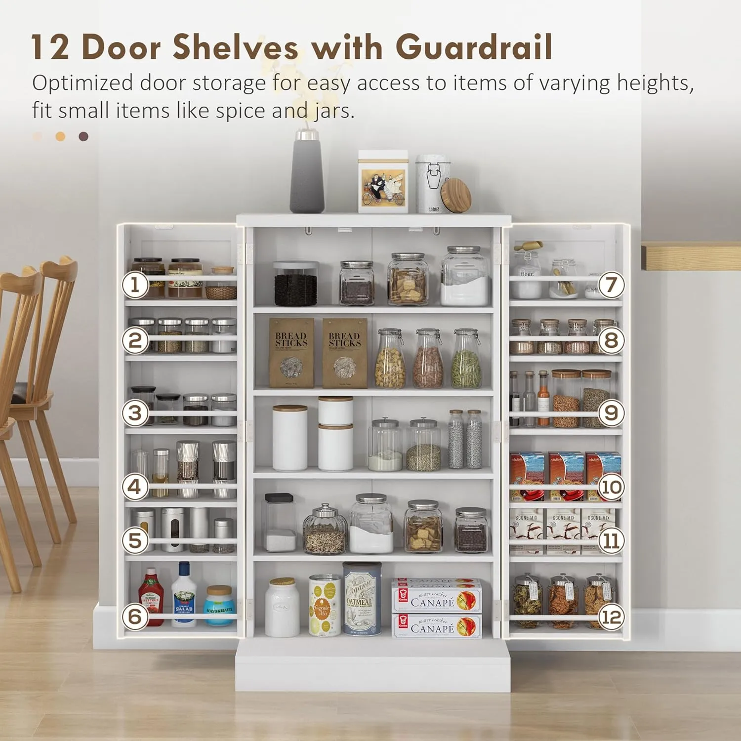 HOMCOM 41" Kitchen Pantry Storage Cabinet, Freestanding Kitchen Cabinet with 12 Door Shelves, Double Doors, 5-Tier Shelving and Adjustable Shelves, Painted White