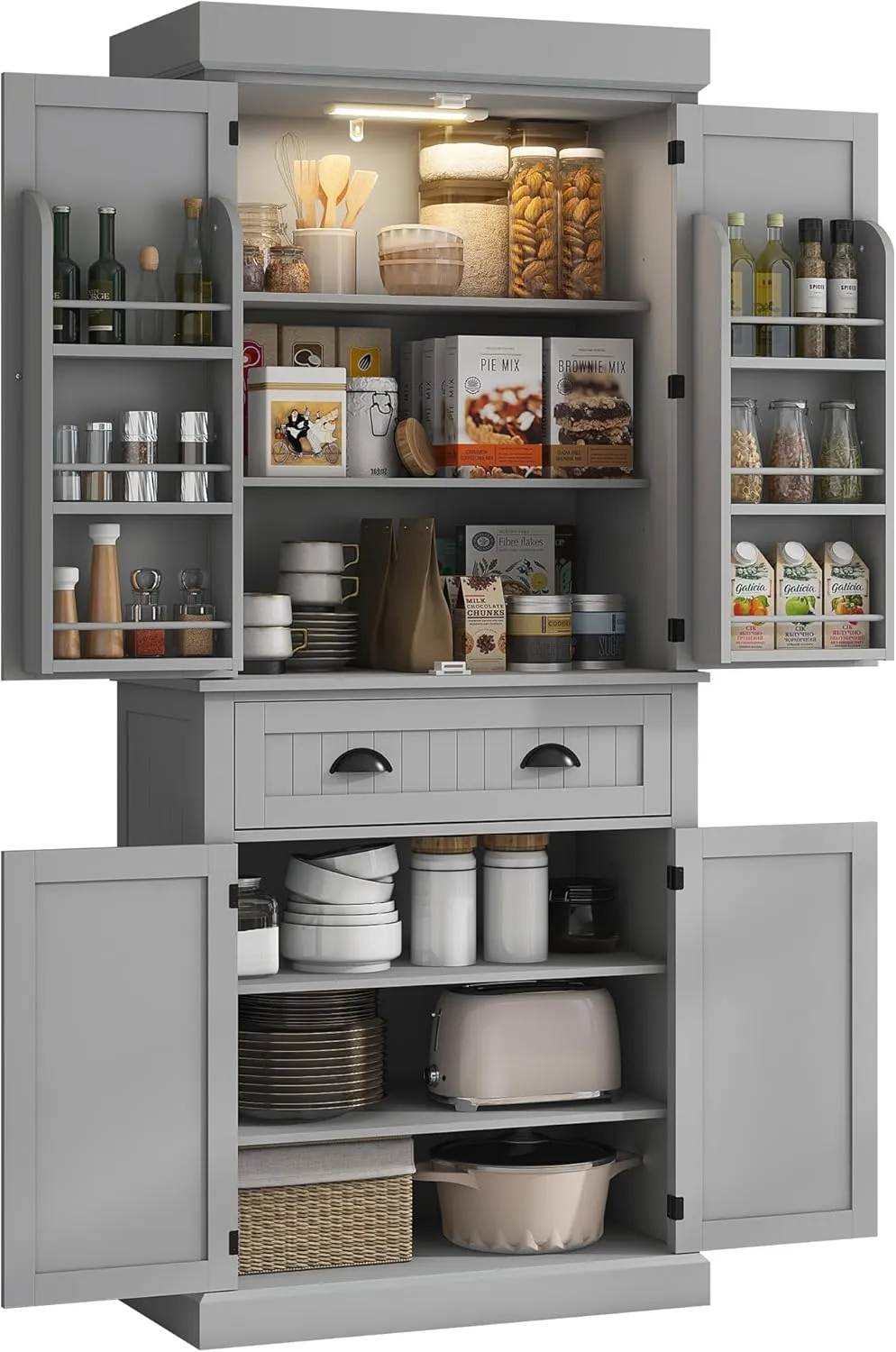 HOMCOM 71" Kitchen Pantry Cabinet with LED Motion Sensor Light, Tall Storage Cabinet with 6 Door Shelves, Drawer & Adjustable Shelves, for Living & Dining Room, Gray